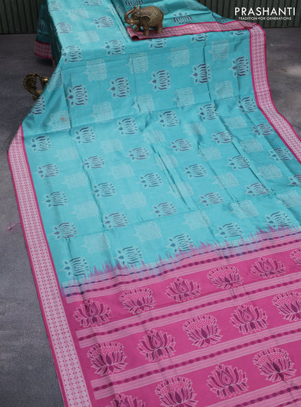 Sambalpuri semi silk saree teal green shade and pink shade with allover ikat butta weaves and thread woven border