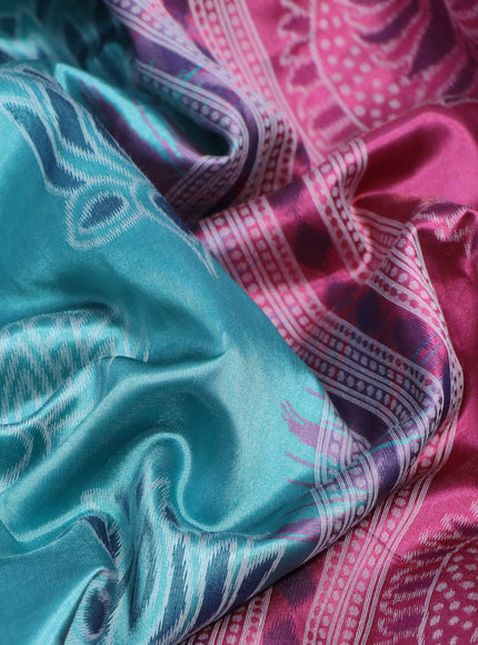 Sambalpuri semi silk saree teal green shade and pink shade with allover ikat butta weaves and thread woven border