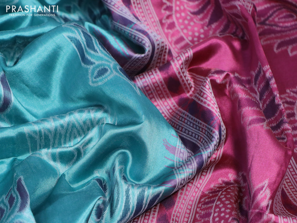 Sambalpuri semi silk saree teal green shade and pink shade with allover ikat butta weaves and thread woven border