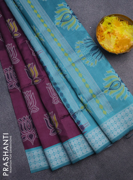 Sambalpuri semi silk saree wine shade and teal green with allover ikat butta weaves and thread woven border