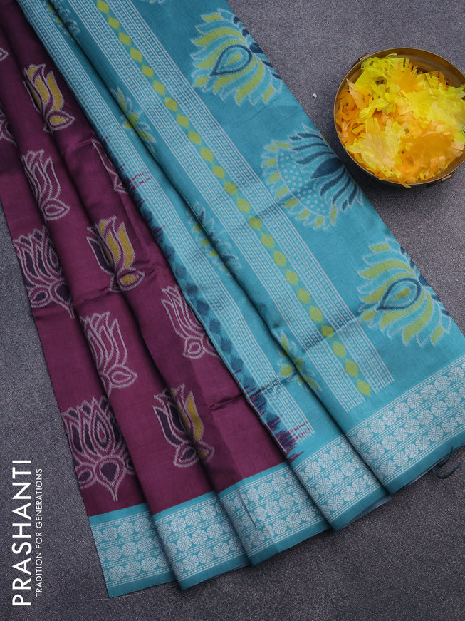 Sambalpuri semi silk saree wine shade and teal green with allover ikat butta weaves and thread woven border