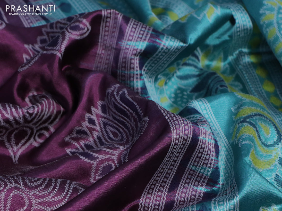 Sambalpuri semi silk saree wine shade and teal green with allover ikat butta weaves and thread woven border