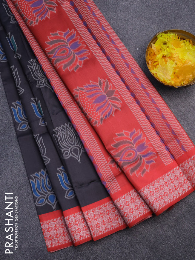 Sambalpuri semi silk saree black and red with allover ikat butta weaves and thread woven border