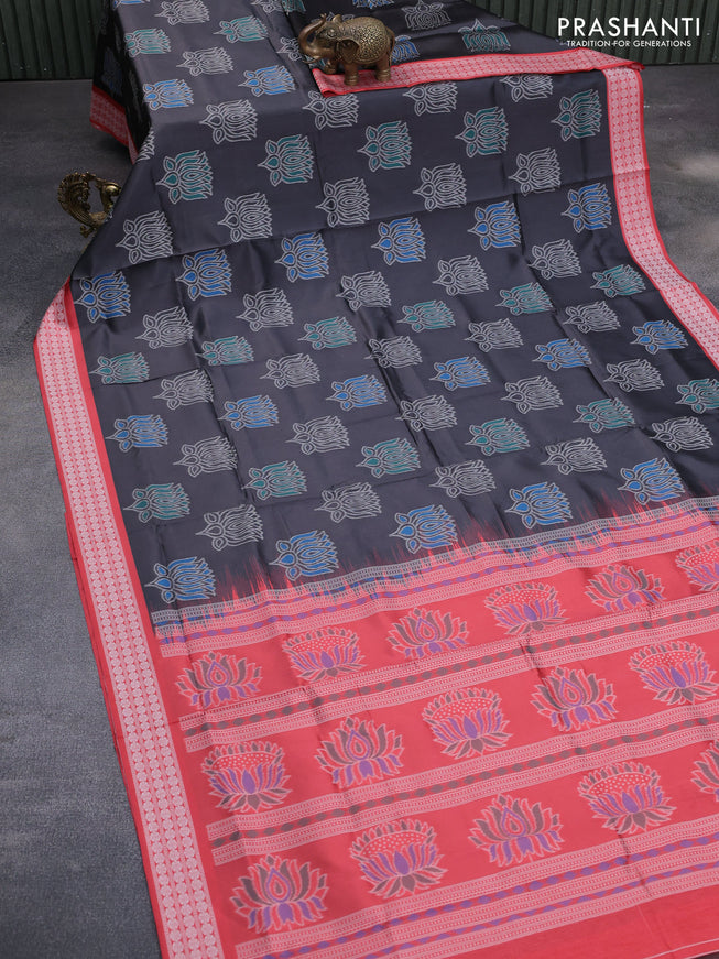 Sambalpuri semi silk saree black and red with allover ikat butta weaves and thread woven border