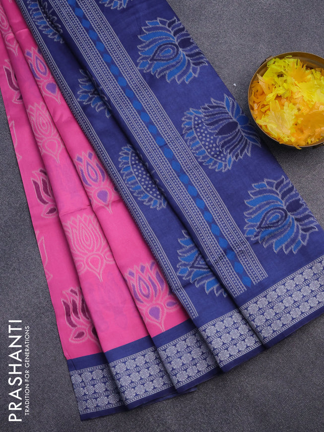 Sambalpuri semi silk saree candy pink and navy blue with allover ikat butta weaves and thread woven border