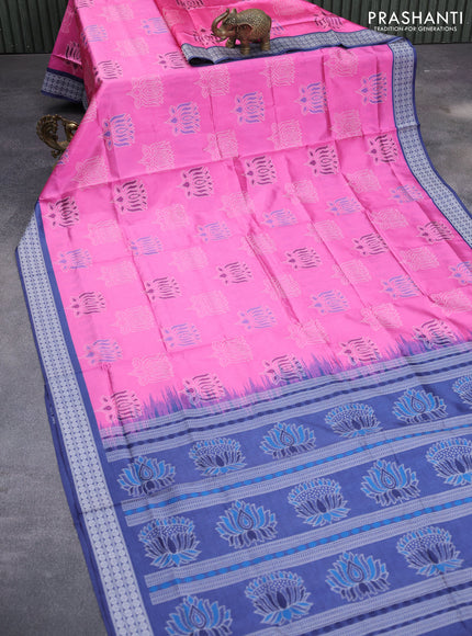 Sambalpuri semi silk saree candy pink and navy blue with allover ikat butta weaves and thread woven border