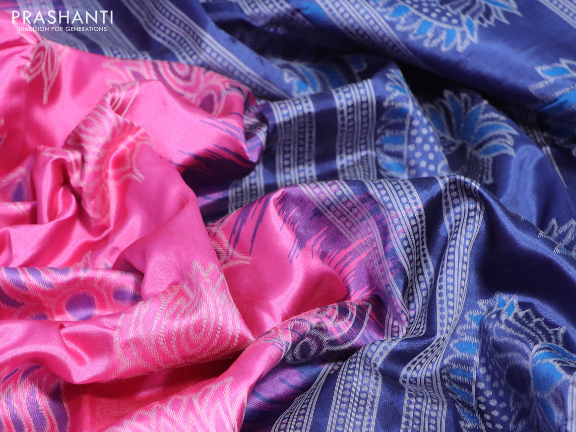 Sambalpuri semi silk saree candy pink and navy blue with allover ikat butta weaves and thread woven border