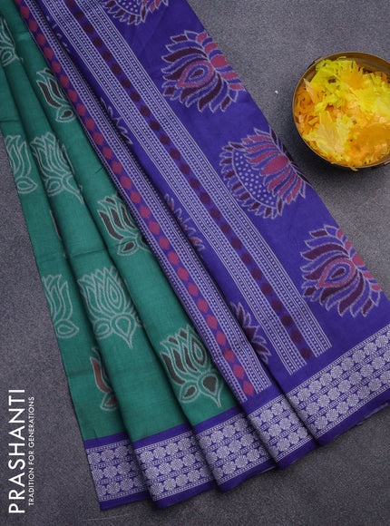 Sambalpuri semi silk saree green and violet with allover ikat butta weaves and thread woven border