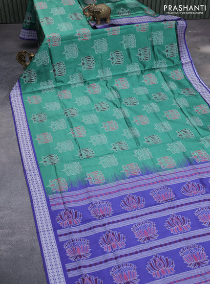 Sambalpuri semi silk saree green and violet with allover ikat butta weaves and thread woven border