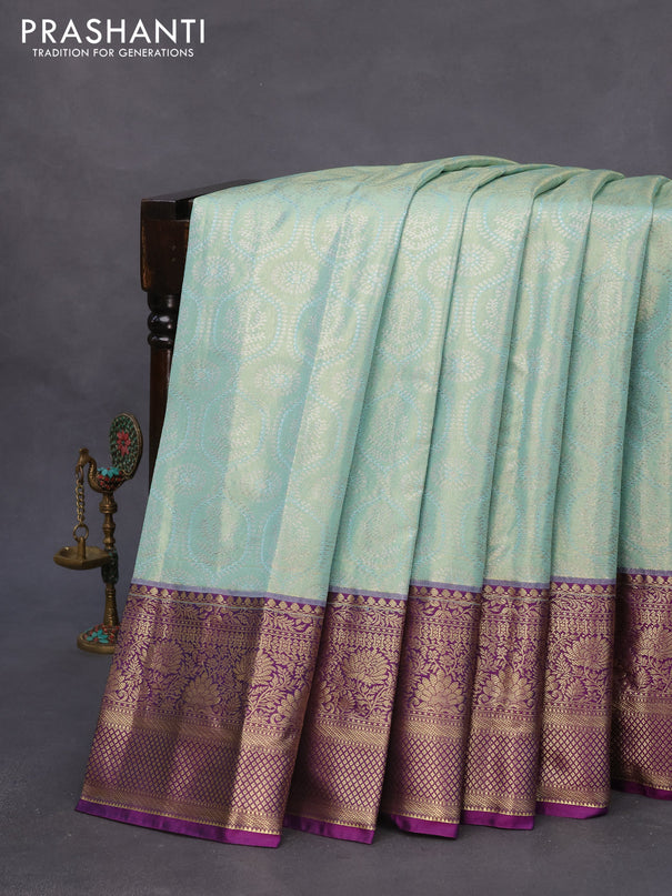 Bangalori tissue silk saree pastel shade and deep violet with allover silver zari woven brocade pattern and long zari woven border