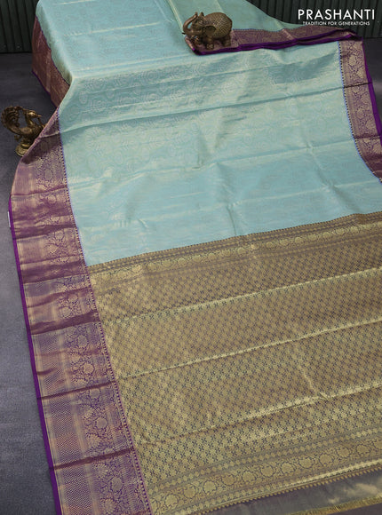 Bangalori tissue silk saree pastel shade and deep violet with allover silver zari woven brocade pattern and long zari woven border