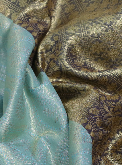 Bangalori tissue silk saree pastel shade and deep violet with allover silver zari woven brocade pattern and long zari woven border