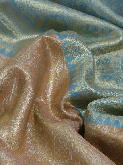 Bangalori tissue silk saree gold and teal blue with allover silver zari woven brocade pattern and long zari woven border