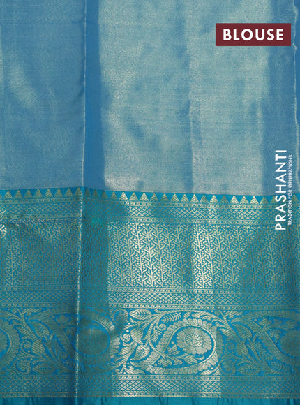 Bangalori tissue silk saree gold and teal blue with allover silver zari woven brocade pattern and long zari woven border