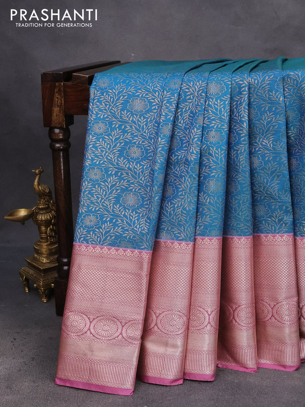 Bangalori silk saree cs blue and mauve pink with allover silver zari woven brocade pattern and long zari woven border