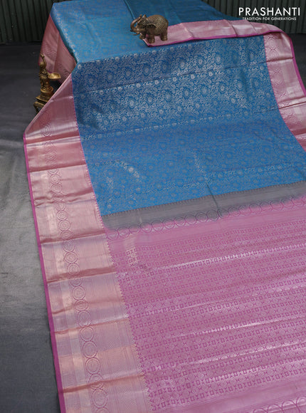 Bangalori silk saree cs blue and mauve pink with allover silver zari woven brocade pattern and long zari woven border