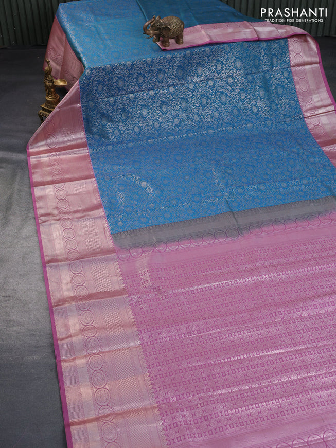 Bangalori silk saree cs blue and mauve pink with allover silver zari woven brocade pattern and long zari woven border