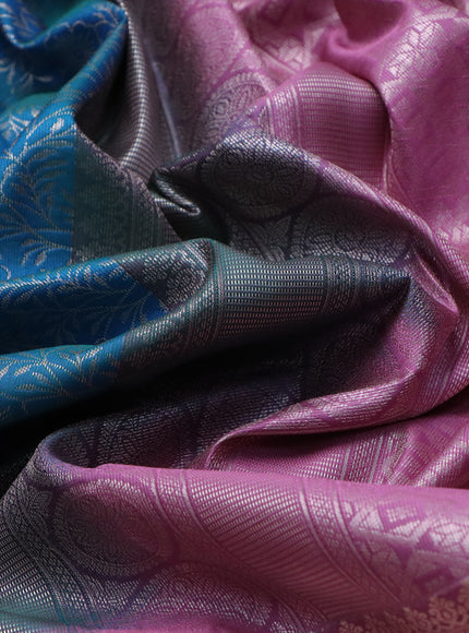 Bangalori silk saree cs blue and mauve pink with allover silver zari woven brocade pattern and long zari woven border