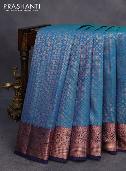 Bangalori silk saree cs blue and dark blue with allover copper zari woven brocade pattern and zari woven border