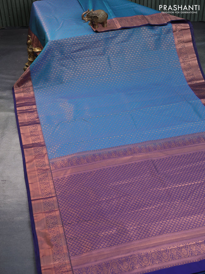 Bangalori silk saree cs blue and dark blue with allover copper zari woven brocade pattern and zari woven border