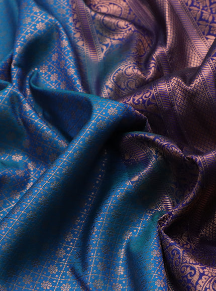 Bangalori silk saree cs blue and dark blue with allover copper zari woven brocade pattern and zari woven border