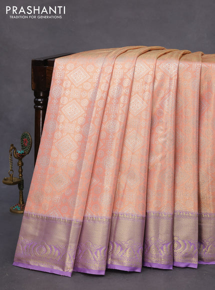 Bangalori tissue silk saree mild peach orange and lavender with allover silver zari woven brocade pattern and zari woven border