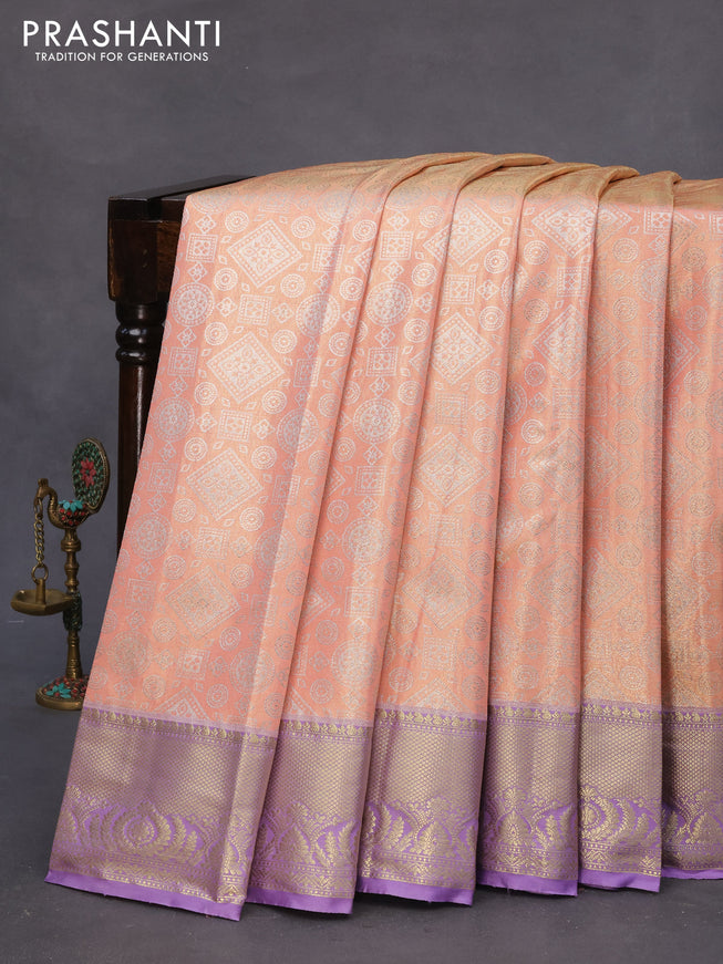 Bangalori tissue silk saree mild peach orange and lavender with allover silver zari woven brocade pattern and zari woven border