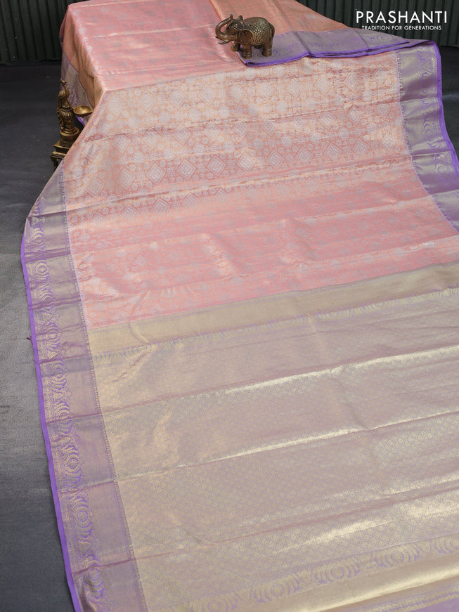 Bangalori tissue silk saree mild peach orange and lavender with allover silver zari woven brocade pattern and zari woven border