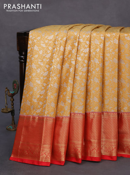 Bangalori tissue silk saree mustard yellow and red with allover silver zari woven brocade pattern and long zari woven border