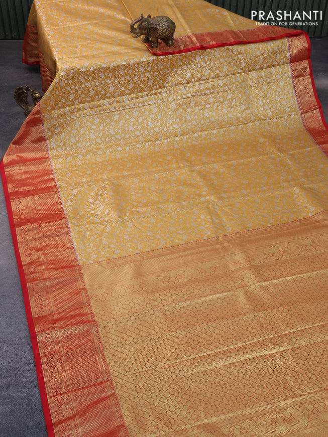 Bangalori tissue silk saree mustard yellow and red with allover silver zari woven brocade pattern and long zari woven border