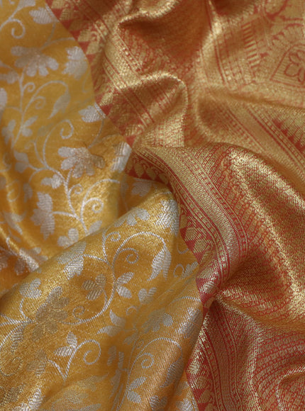 Bangalori tissue silk saree mustard yellow and red with allover silver zari woven brocade pattern and long zari woven border