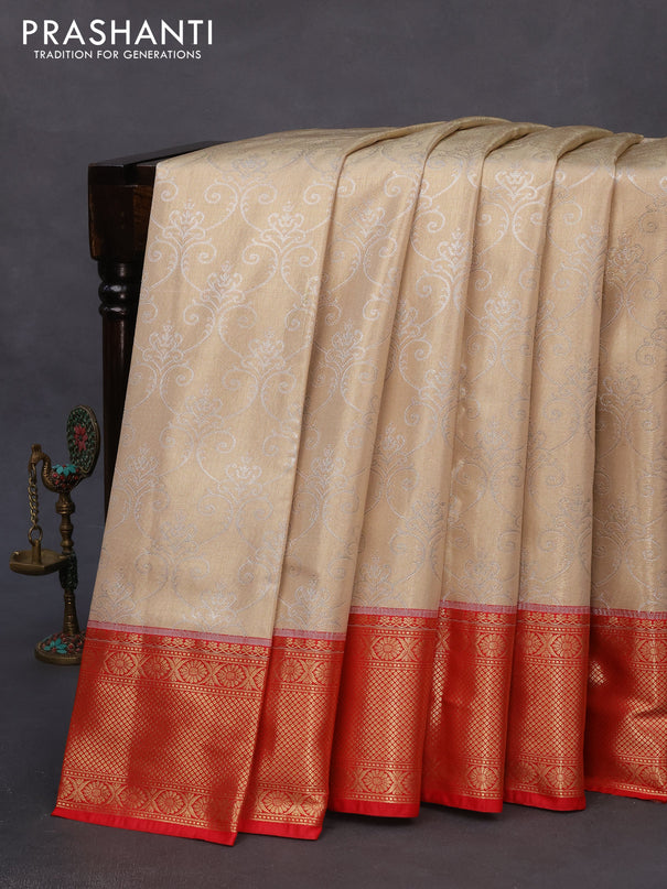 Bangalori tissue silk saree cream and red with allover zari weaves and zari woven border