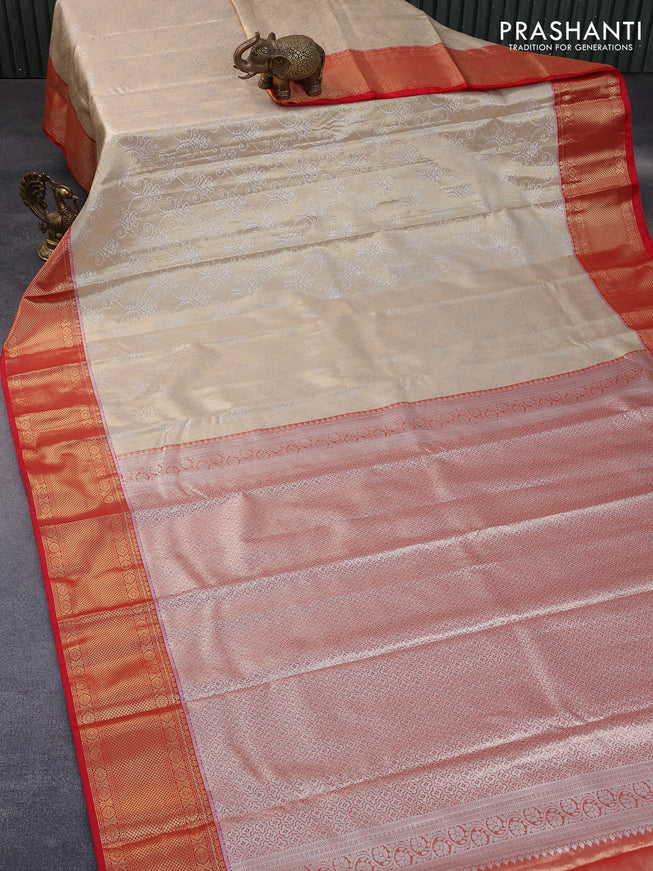 Bangalori tissue silk saree cream and red with allover zari weaves and zari woven border