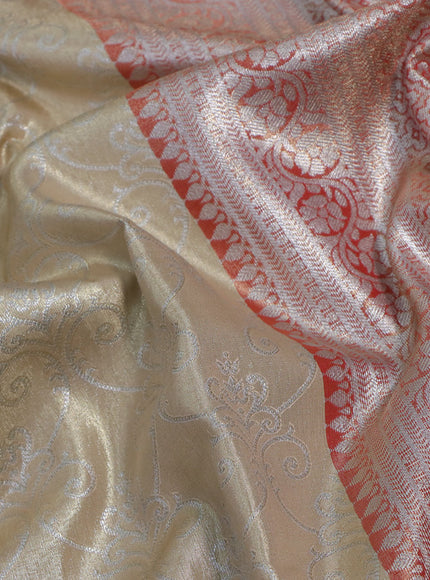 Bangalori tissue silk saree cream and red with allover zari weaves and zari woven border