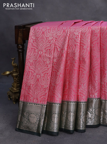 Bangalori tissue silk saree pink and bottle green with allover silver zari woven brocade pattern and zari woven border