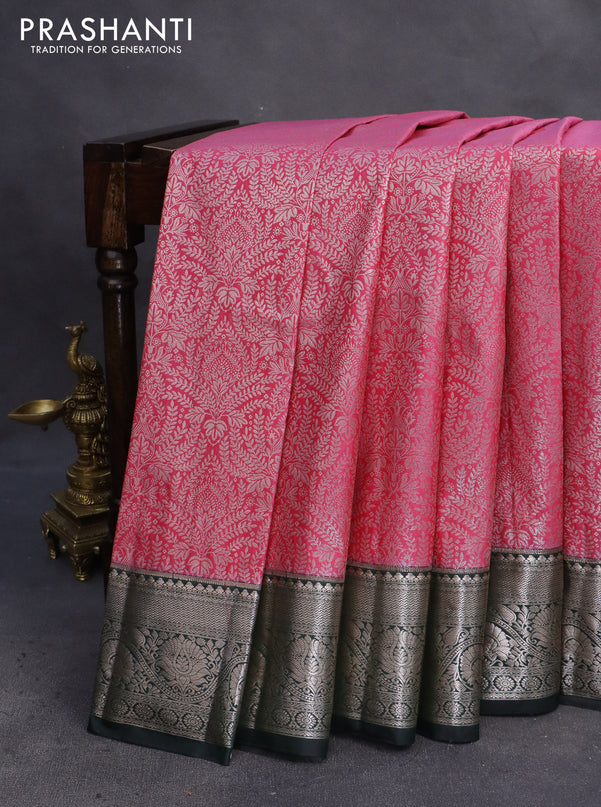 Bangalori tissue silk saree pink and bottle green with allover silver zari woven brocade pattern and zari woven border