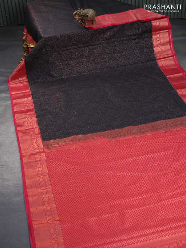 Bangalori silk saree black and reddish pink with allover copper zari weaves and zari woven border