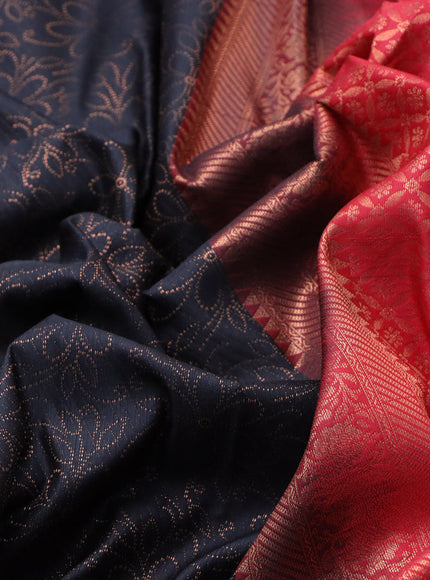 Bangalori silk saree black and reddish pink with allover copper zari weaves and zari woven border