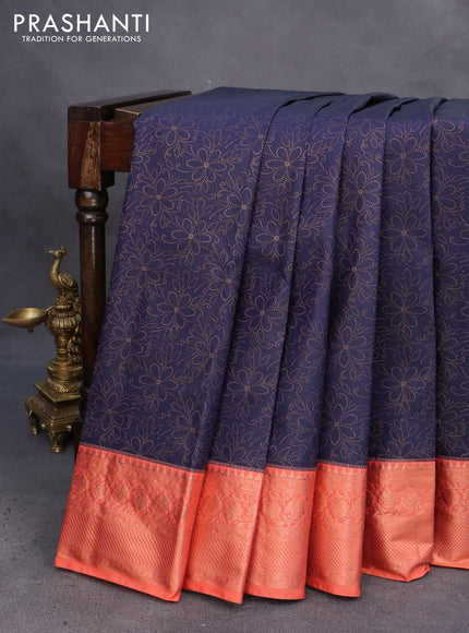 Bangalori silk saree dark blue and peach orange with allover copper zari weaves and zari woven border