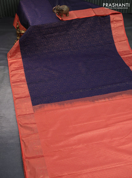 Bangalori silk saree dark blue and peach orange with allover copper zari weaves and zari woven border