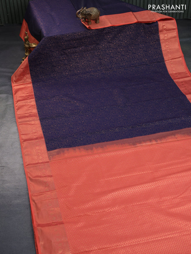 Bangalori silk saree dark blue and peach orange with allover copper zari weaves and zari woven border