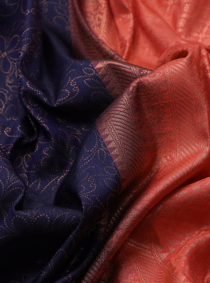 Bangalori silk saree dark blue and peach orange with allover copper zari weaves and zari woven border