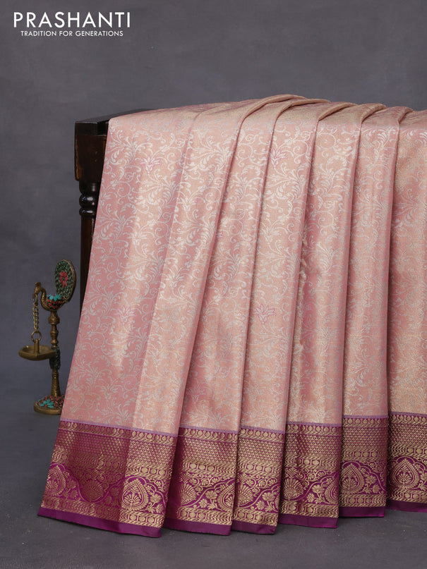 Bangalori tissue silk saree pastel pink and purple with allover silver zari woven brocade pattern and zari woven border