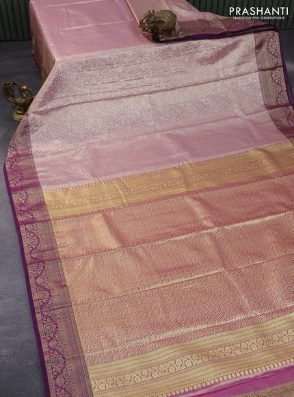 Bangalori tissue silk saree pastel pink and purple with allover silver zari woven brocade pattern and zari woven border