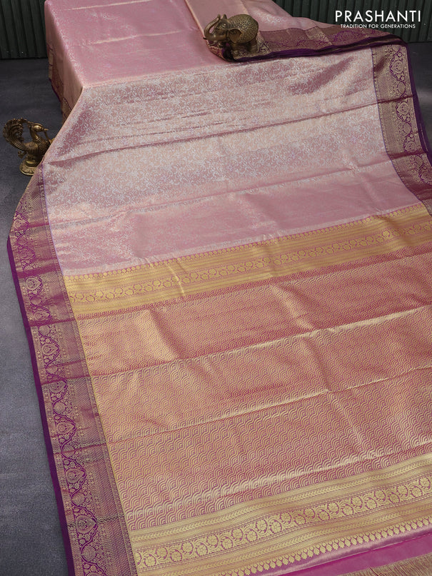 Bangalori tissue silk saree pastel pink and purple with allover silver zari woven brocade pattern and zari woven border