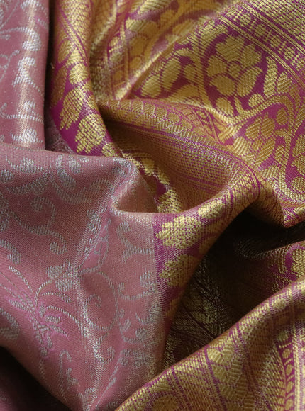 Bangalori tissue silk saree pastel pink and purple with allover silver zari woven brocade pattern and zari woven border