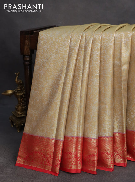 Bangalori tissue silk saree gold and red with allover silver zari woven brocade pattern and zari woven border