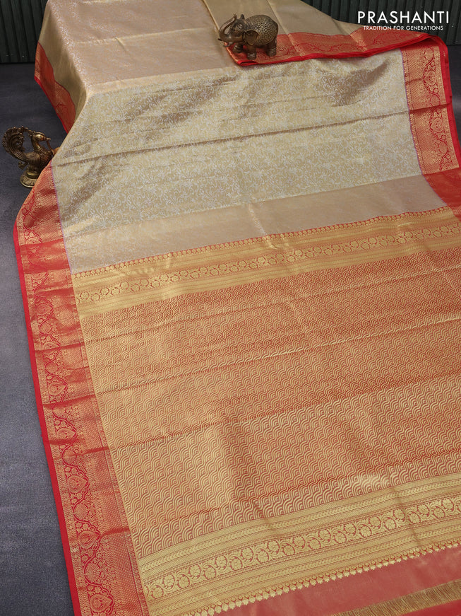 Bangalori tissue silk saree gold and red with allover silver zari woven brocade pattern and zari woven border