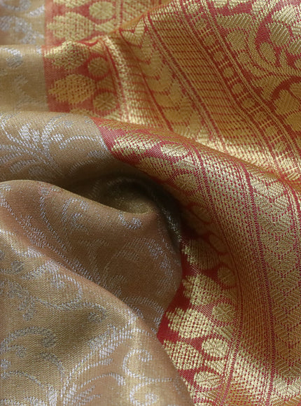 Bangalori tissue silk saree gold and red with allover silver zari woven brocade pattern and zari woven border