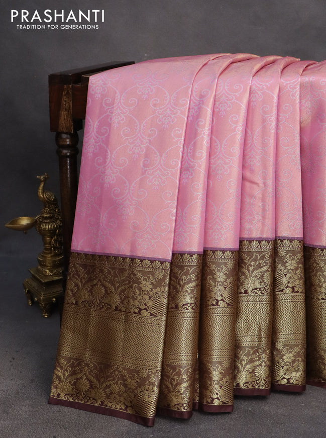 Bangalori tissue silk saree light pink and deep maroon with allover silver zari woven brocade pattern and long zari woven border